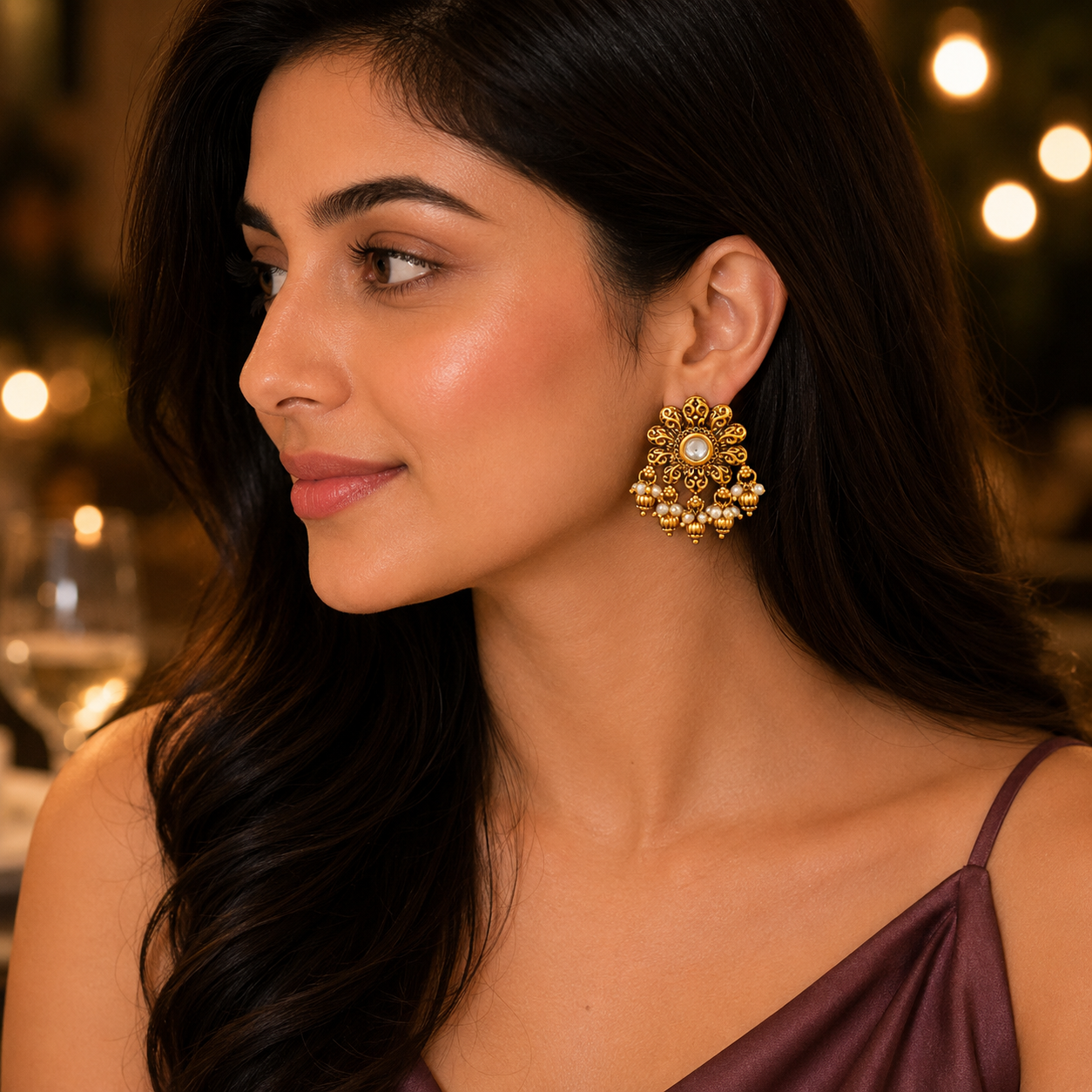 Floral antique gold pearl drop kundan earring