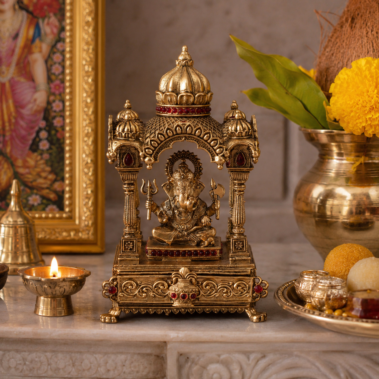 Antique gold plated Lord Ganesha stone sindoor box