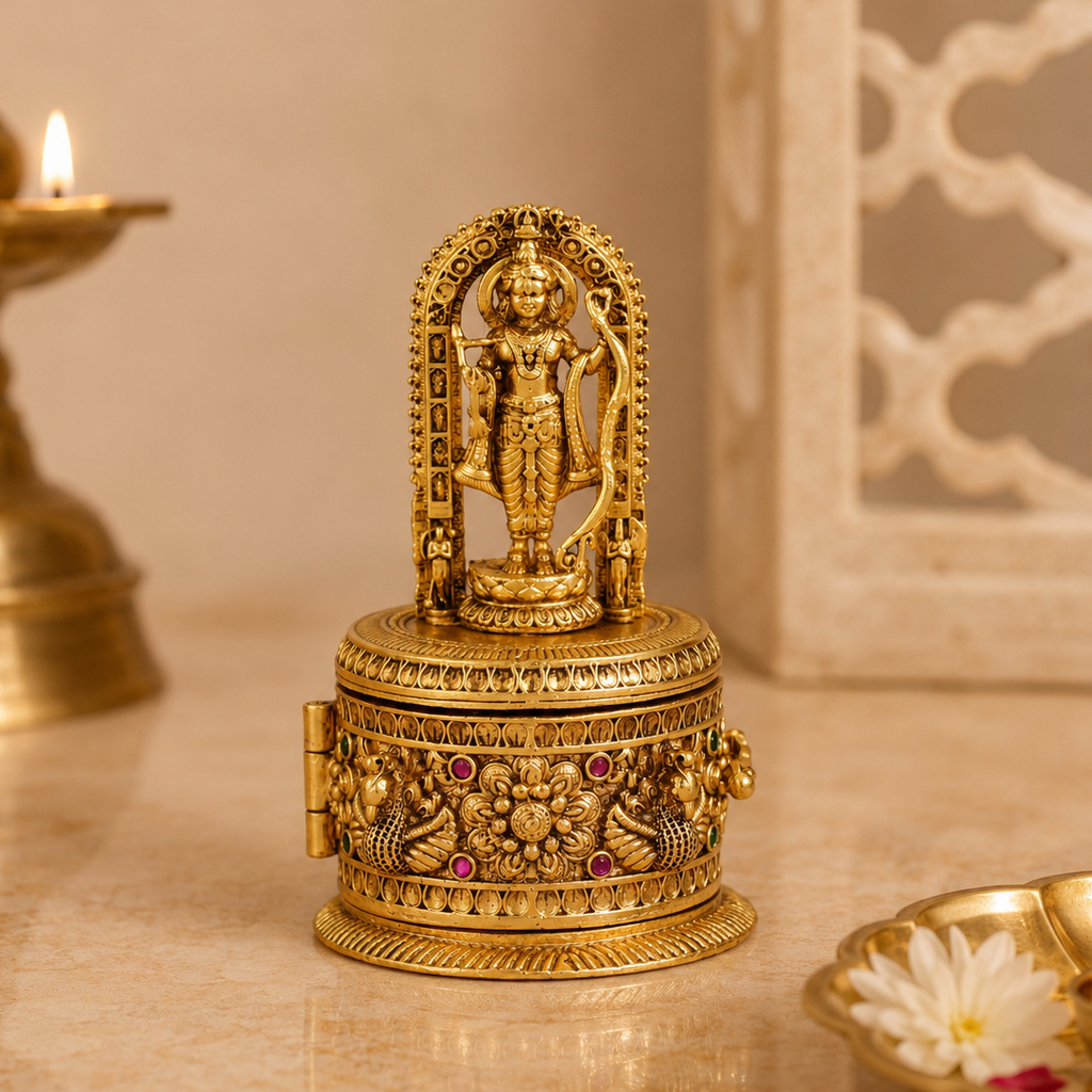 Auspicious antique gold Lord Ram roli box | Temple jewellery