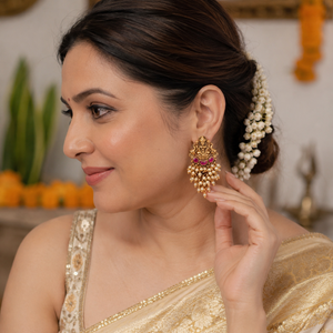 Stunning maa lakshmi pearl drop antique gold earring I Temple Jewellery