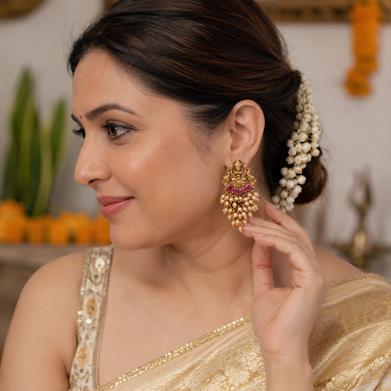 Stunning maa lakshmi pearl drop antique gold earring I Temple Jewellery