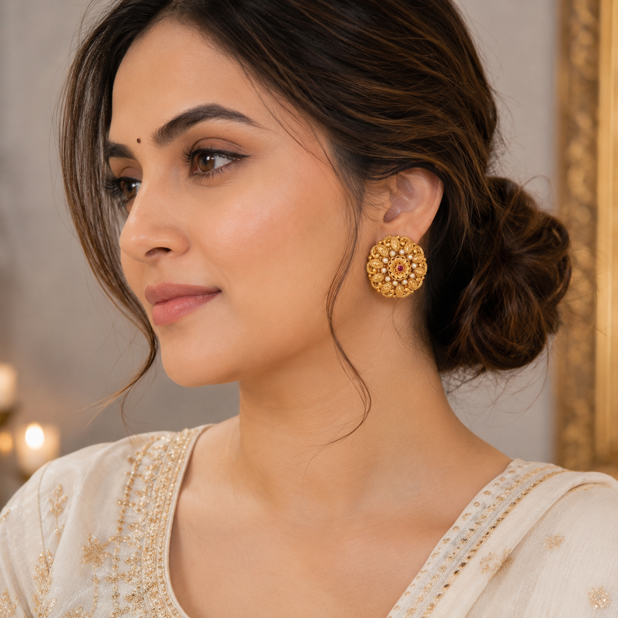 Stunning  big antique gold floral pearl stud