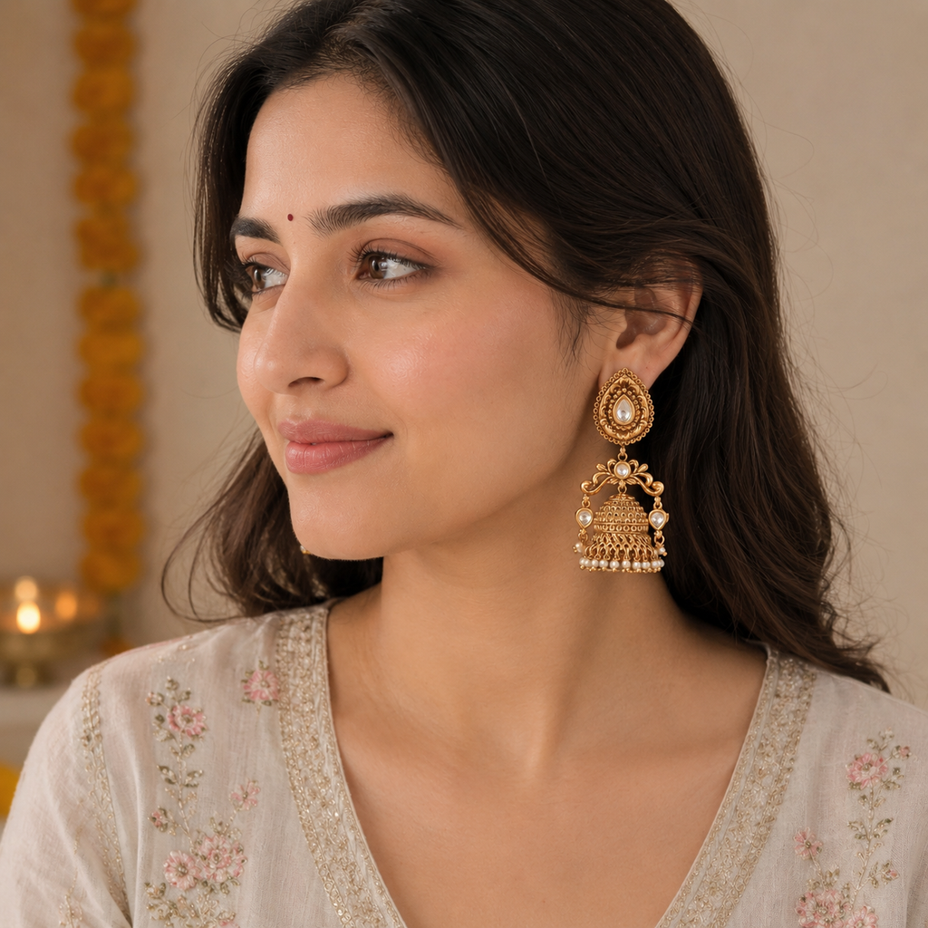 Long traditional antique gold pearl drop jhumka earring