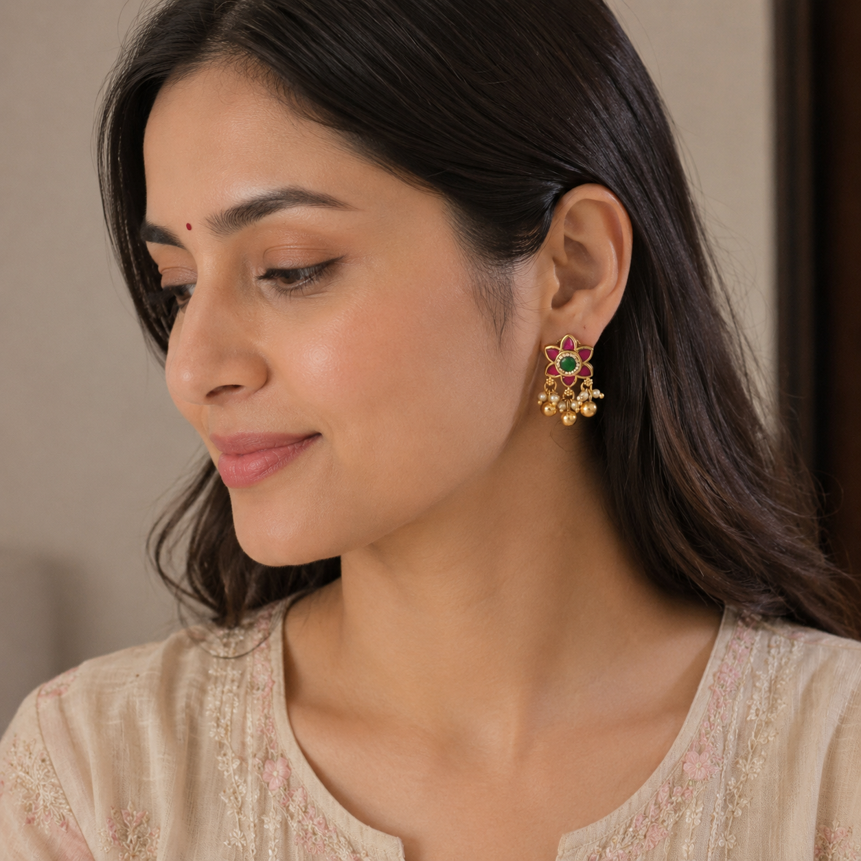 Cute floral stone ball drop antique gold earring