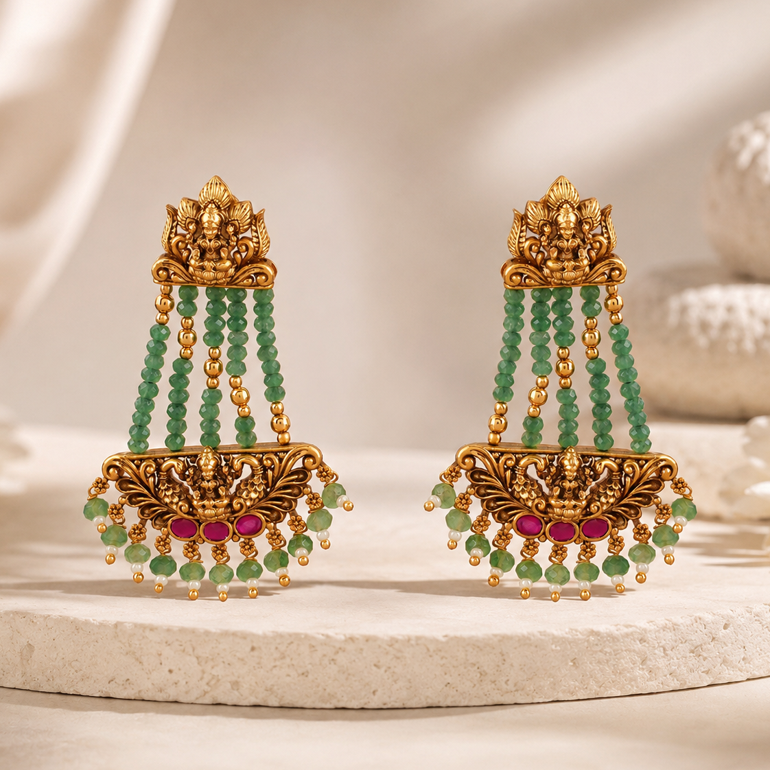 Long beautiful antique gold maa lakshmi emerald stone earring I Temple Jewellery