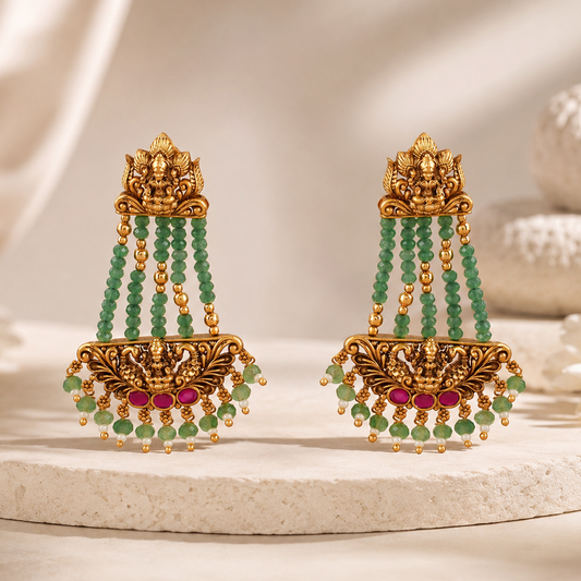 Long beautiful antique gold maa lakshmi emerald stone earring I Temple Jewellery