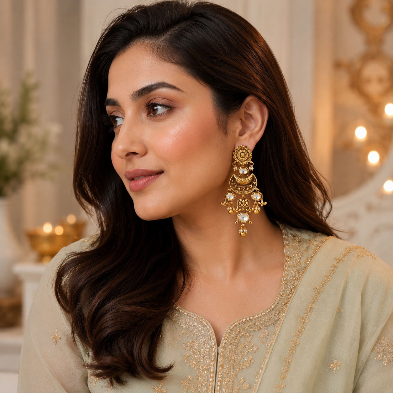 Long stunning antique gold kundan earring