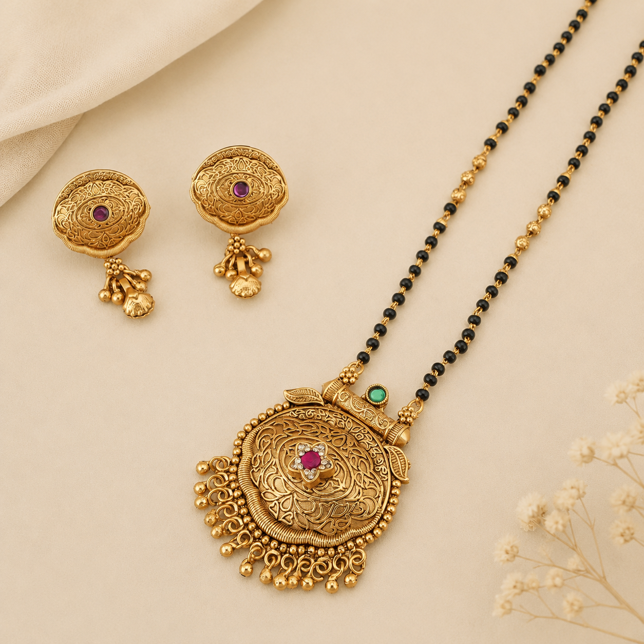 Beautiful antique gold royal bloom mangalsutra set