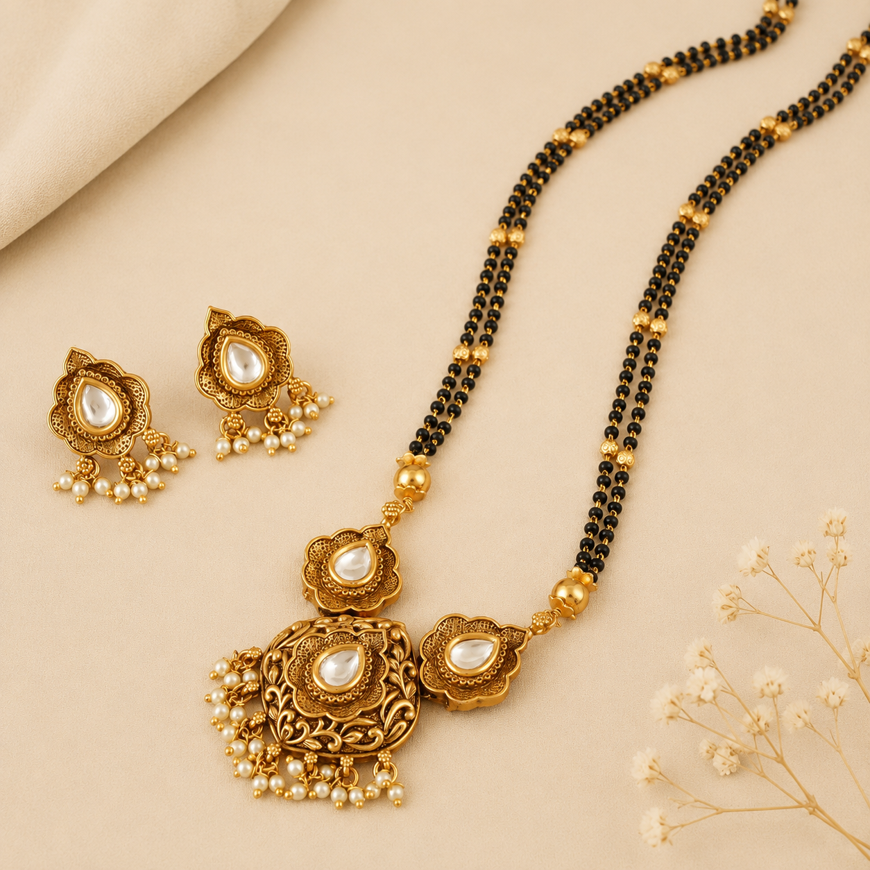 Long antique gold kundan mangalstura set