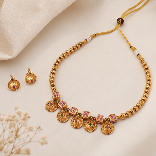 Beautiful ruby embedded antique gold necklace set