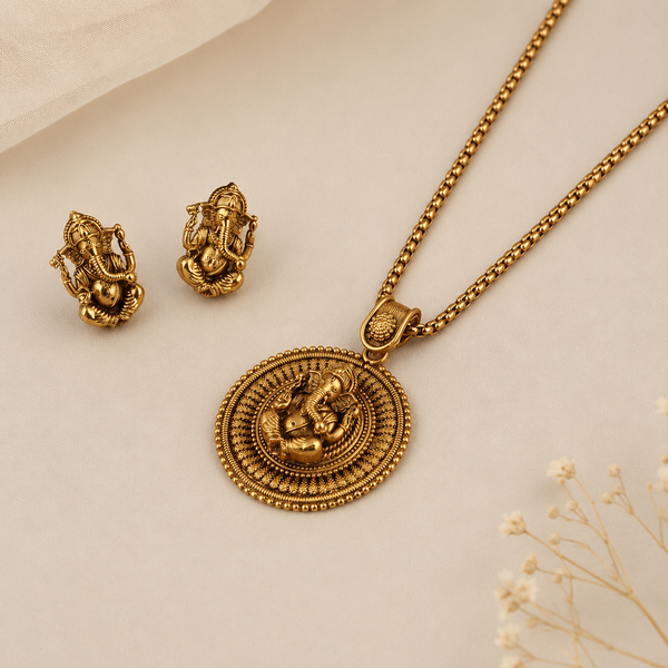 Beautiful gold plated ganesh pendant set with earring | Temple Jewellery