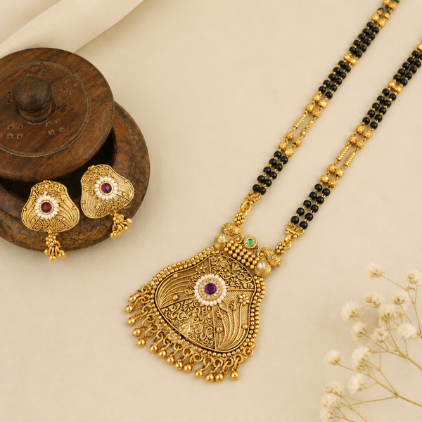 Stunning antique gold plated long stone mangalsutra set