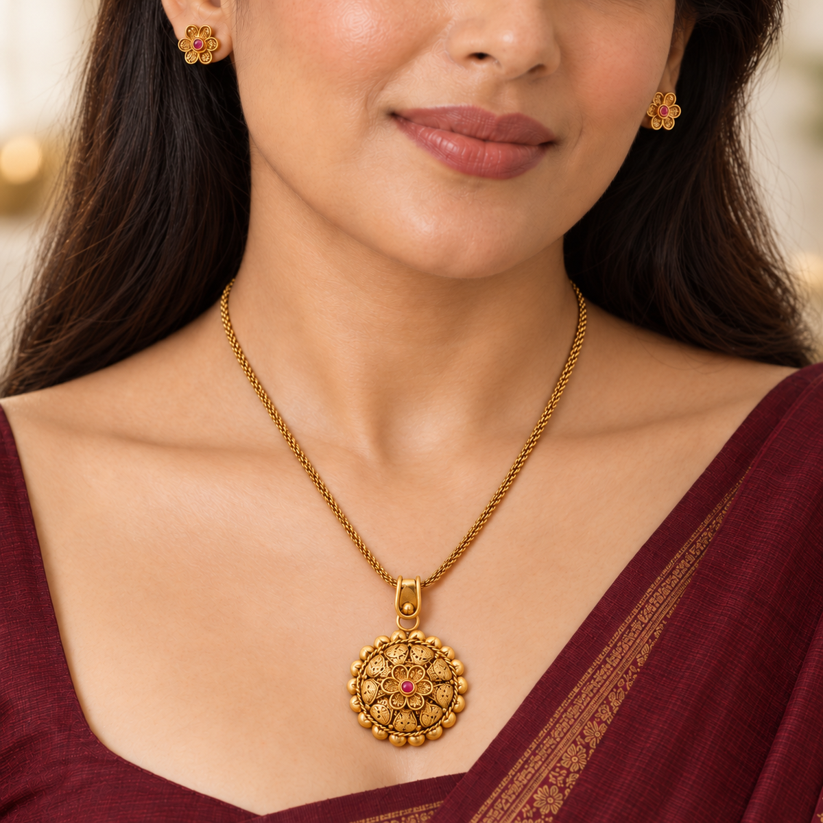 Stunning antique gold stone pendant set