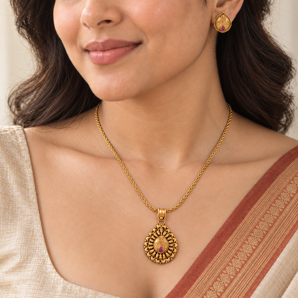 Stunning pear shape antique gold pendant set