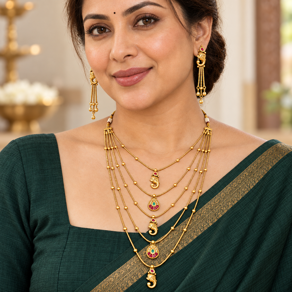 Stunning long antique gold ganesh necklace set