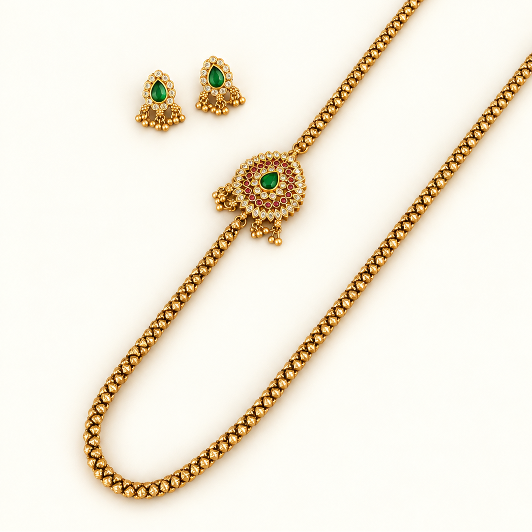 Antique Gold Side Brooch Mala Necklace Set