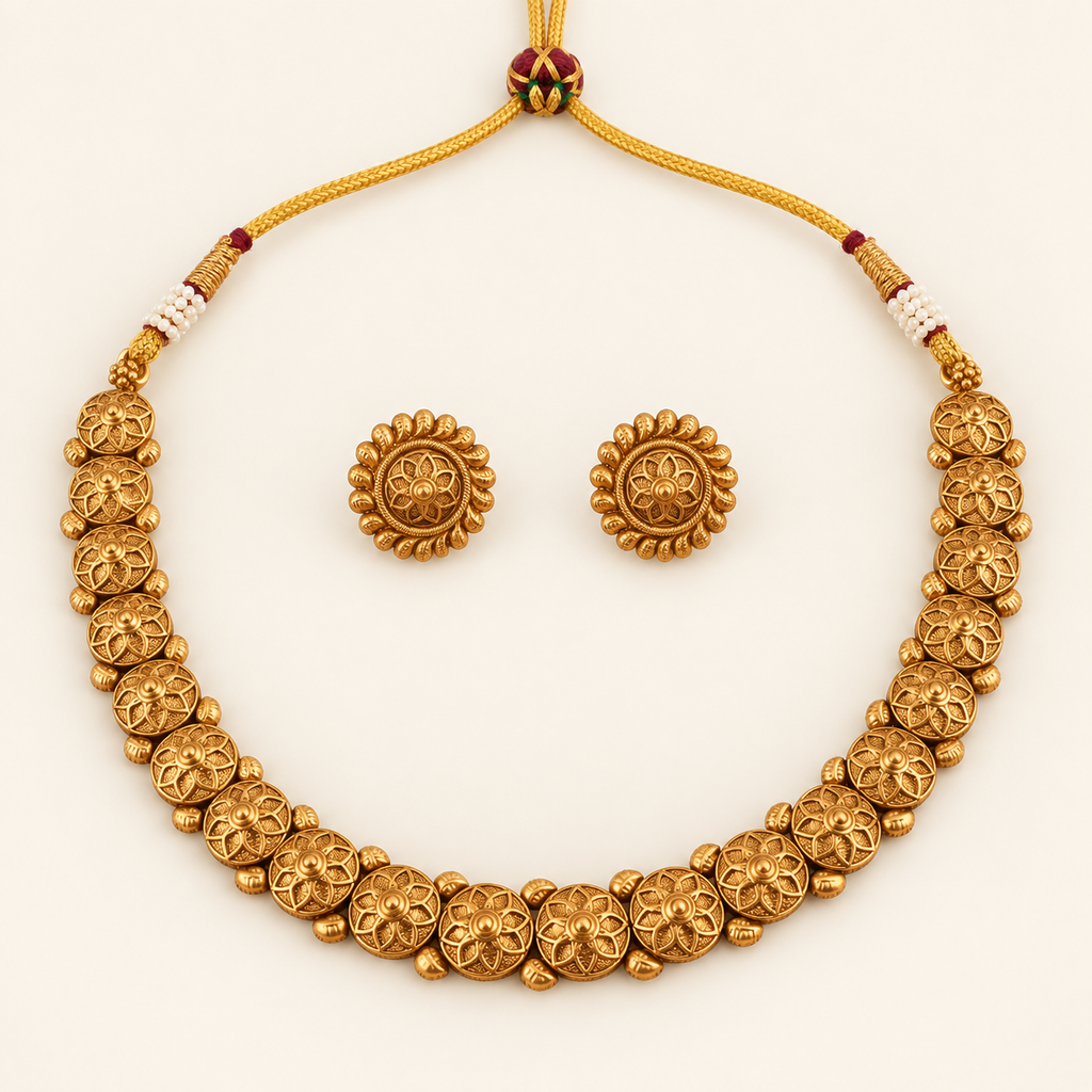 Antique Gold Floral Simple Plain Necklace Set