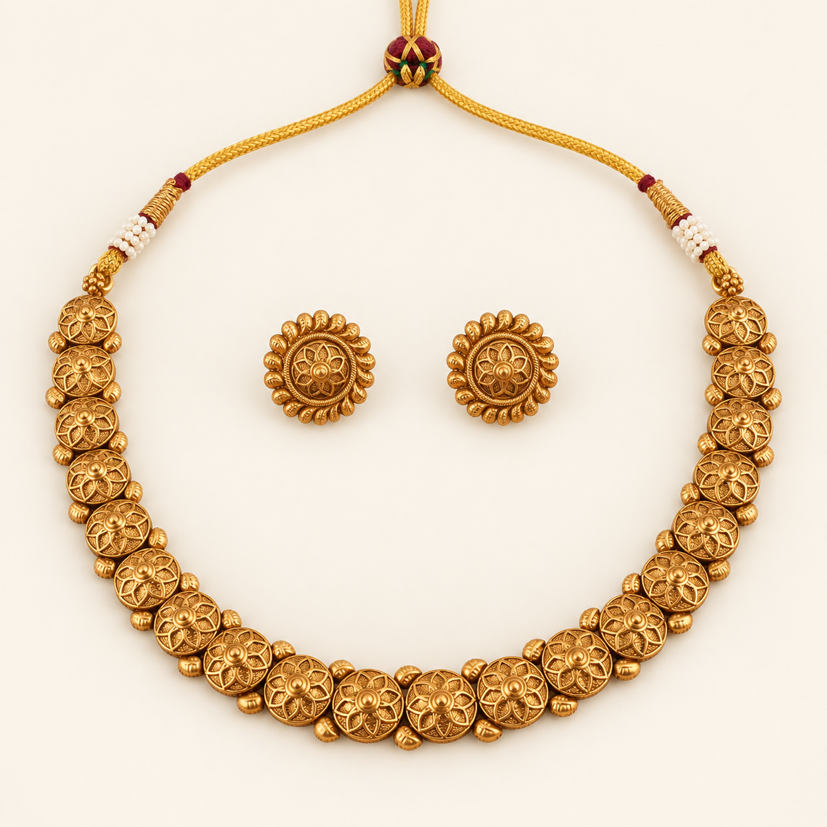 Antique Gold Floral Simple Plain Necklace Set