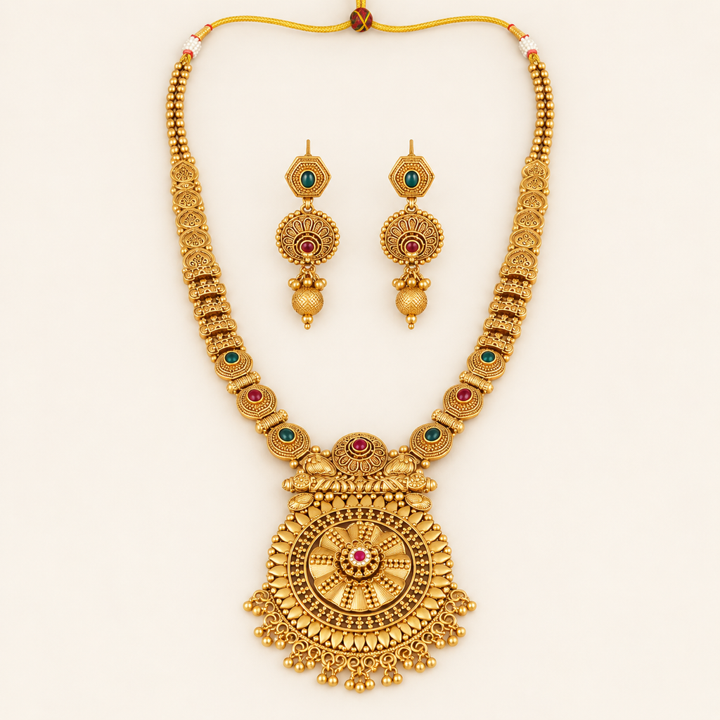Antique Gold Long Multicolor Stone Necklace Set