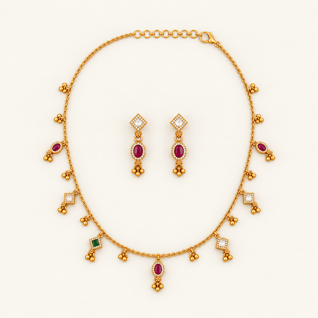 Antique Gold Multicolor Stone String Necklace Set