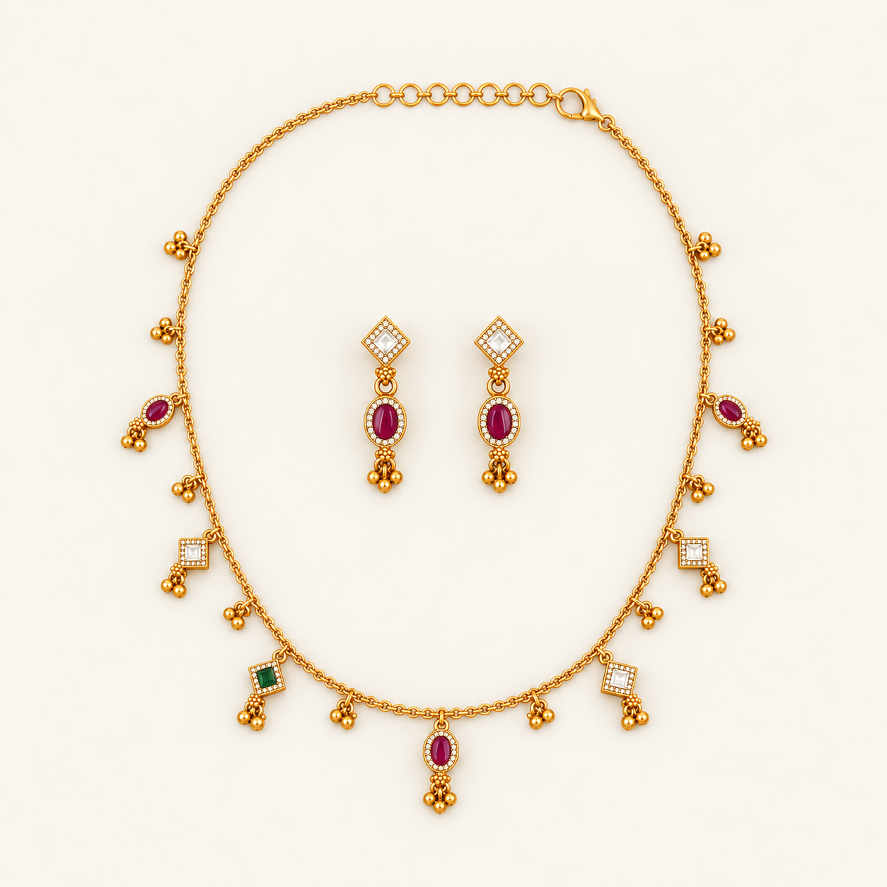 Antique Gold Multicolor Stone String Necklace Set