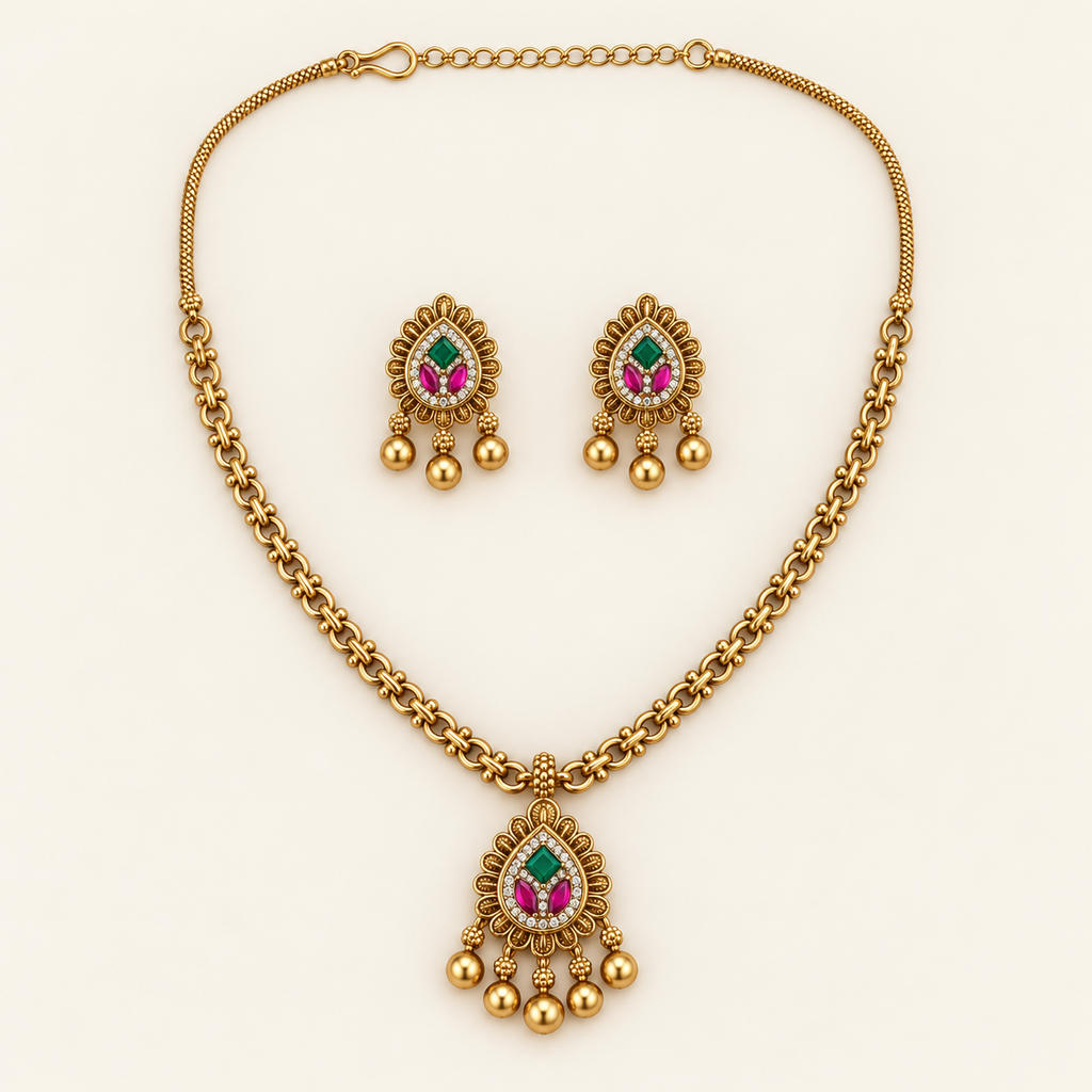 Antique Gold Stone Pendant Set With Earring