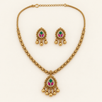 Antique Gold Stone Pendant Set With Earring