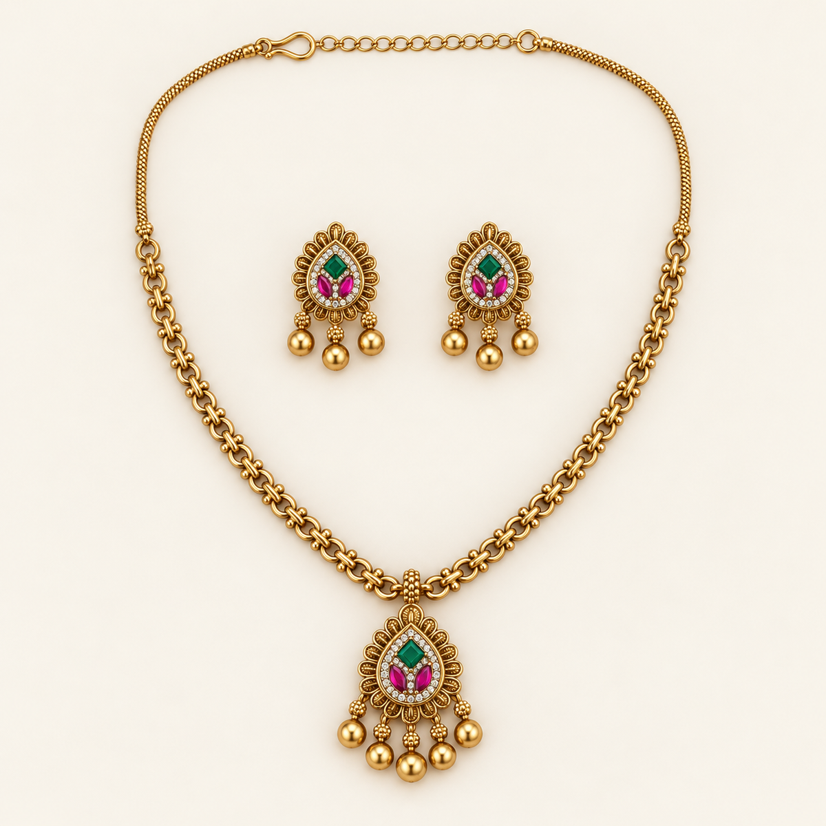 Antique Gold Stone Pendant Set With Earring