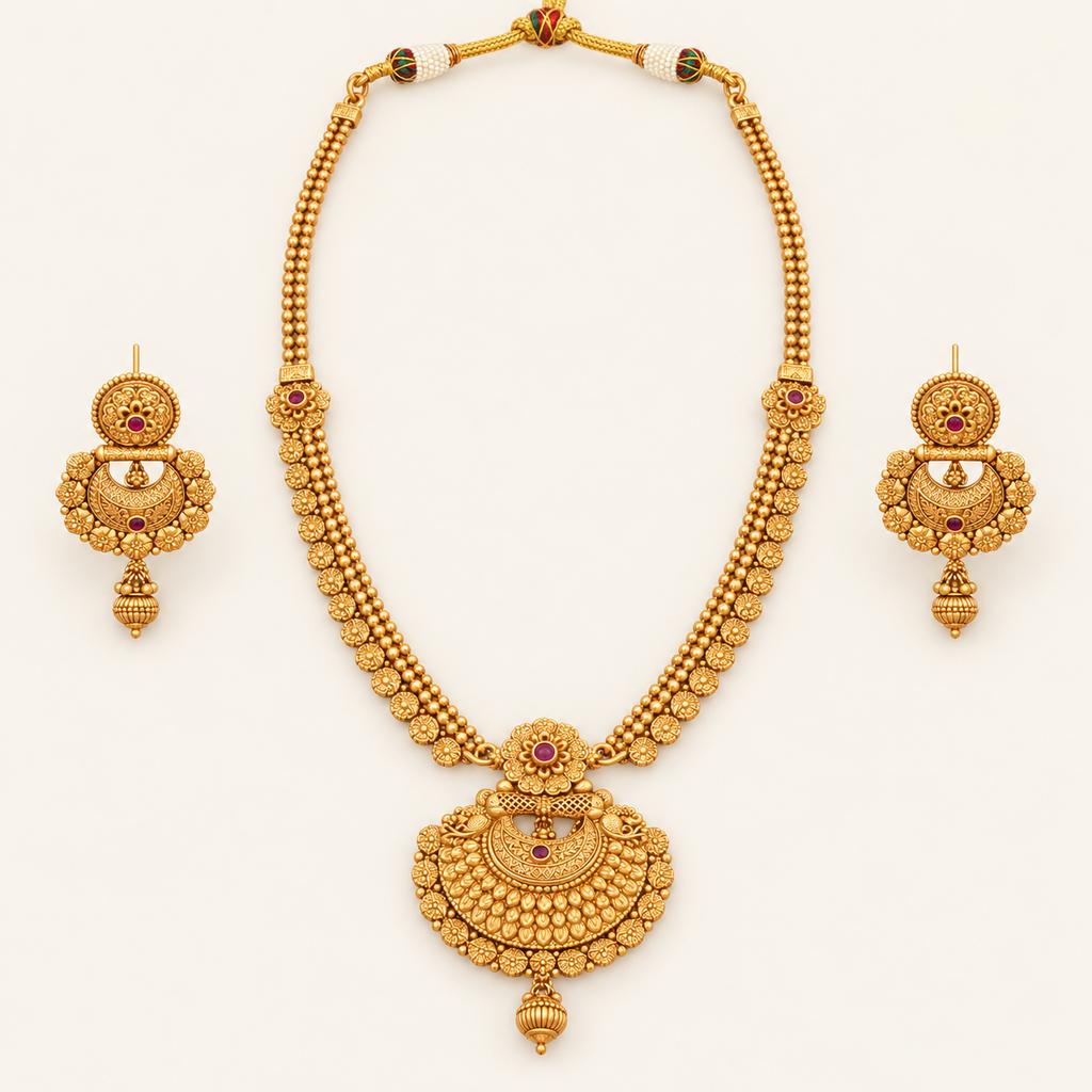Long plain antique gold necklace set with earring