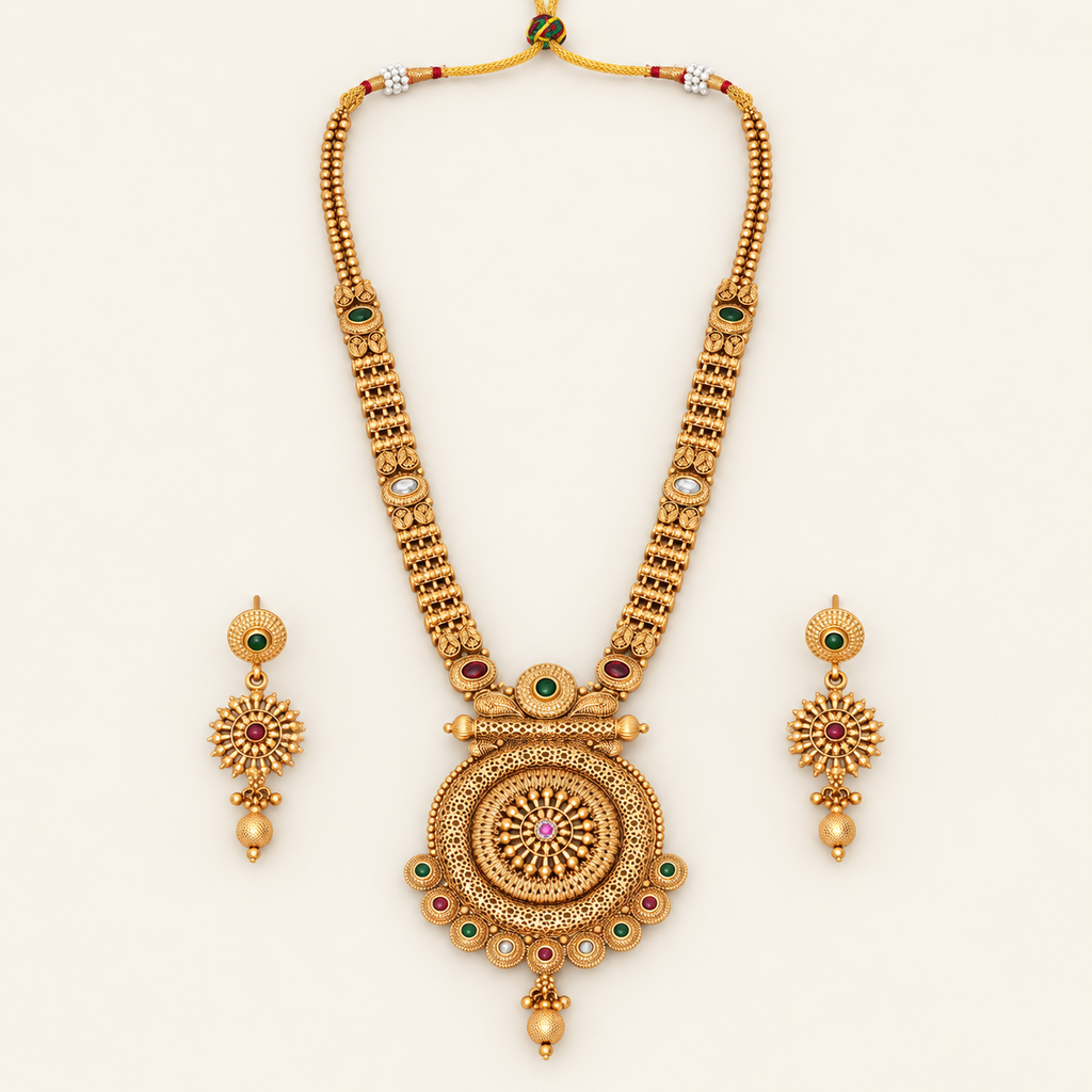 Long stunning multicolor antique gold traditional necklace set