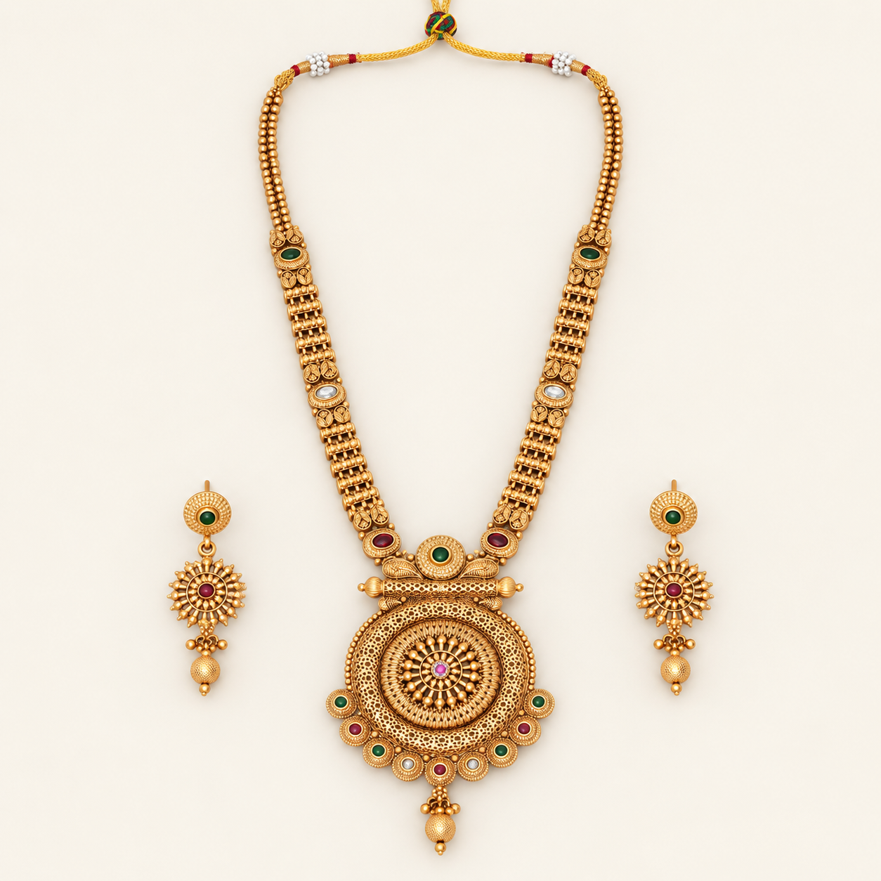 Long stunning multicolor antique gold traditional necklace set