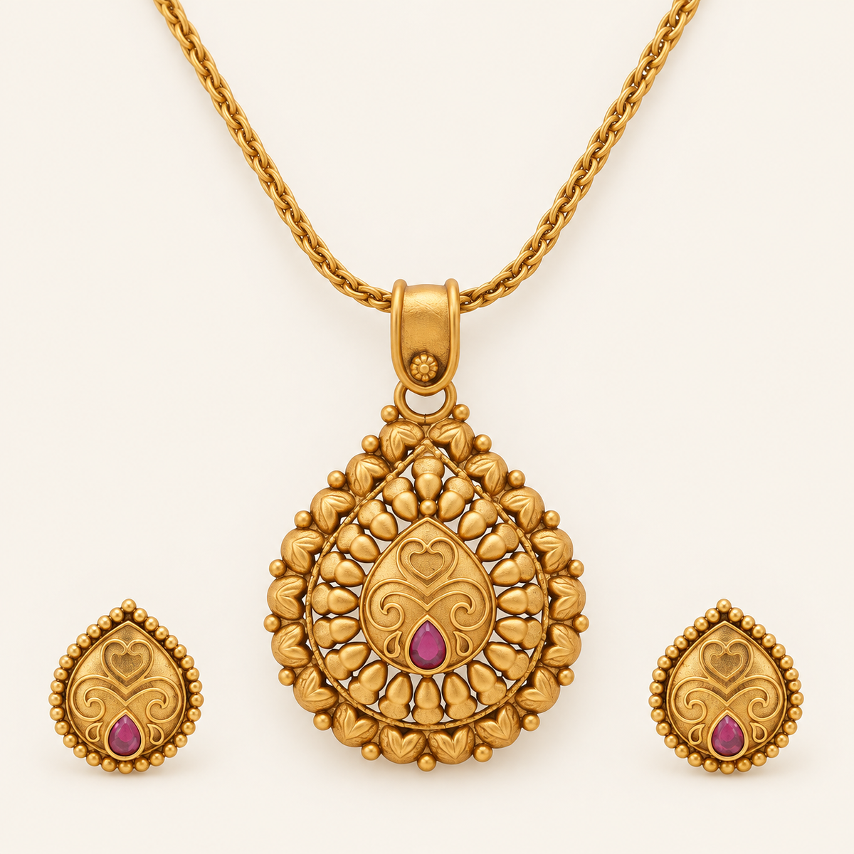 Stunning pear shape antique gold pendant set