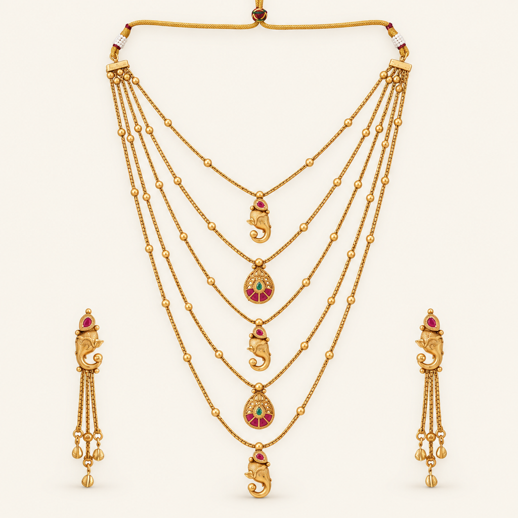 Stunning long antique gold ganesh necklace set
