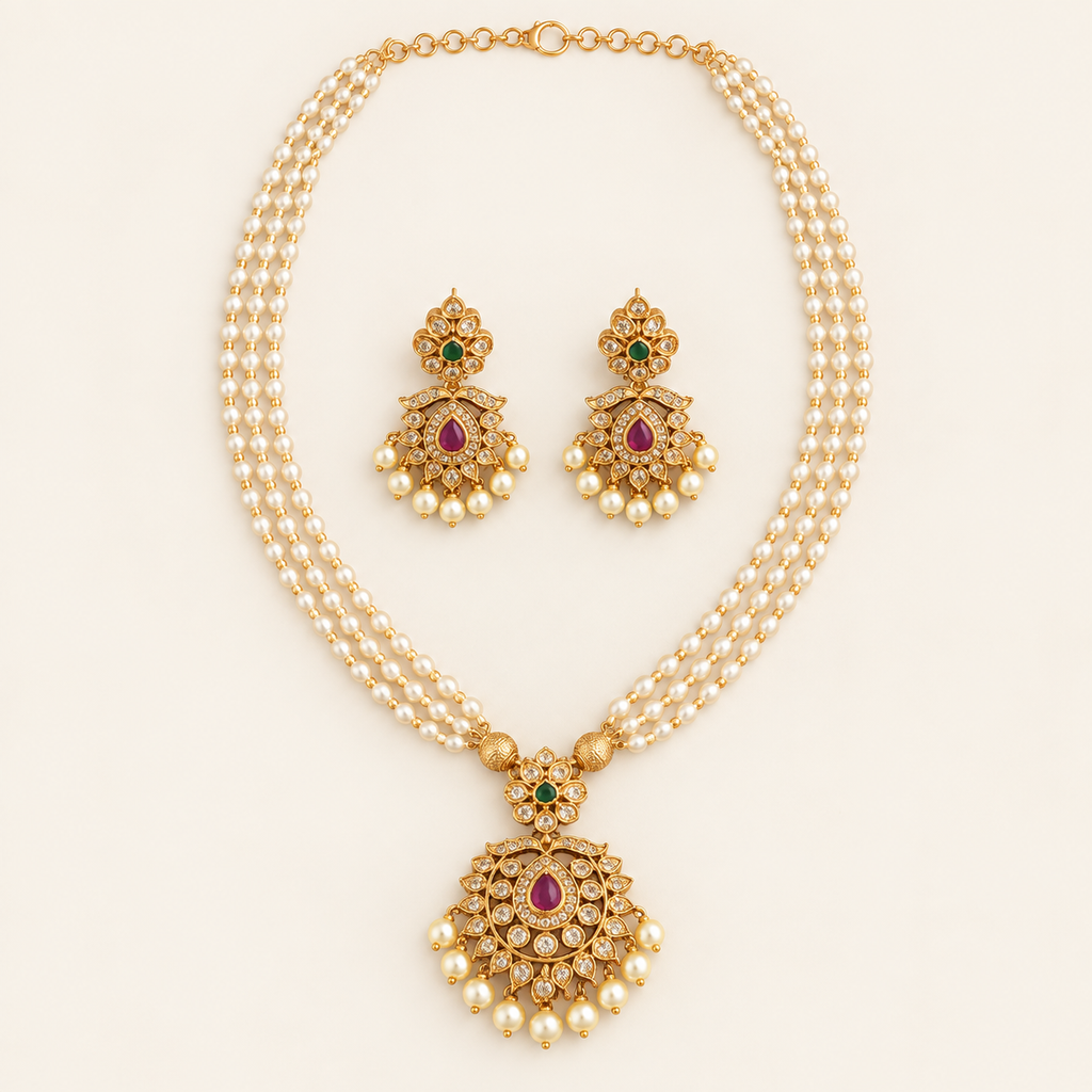 Stunning pearl antique gold stone pendant set