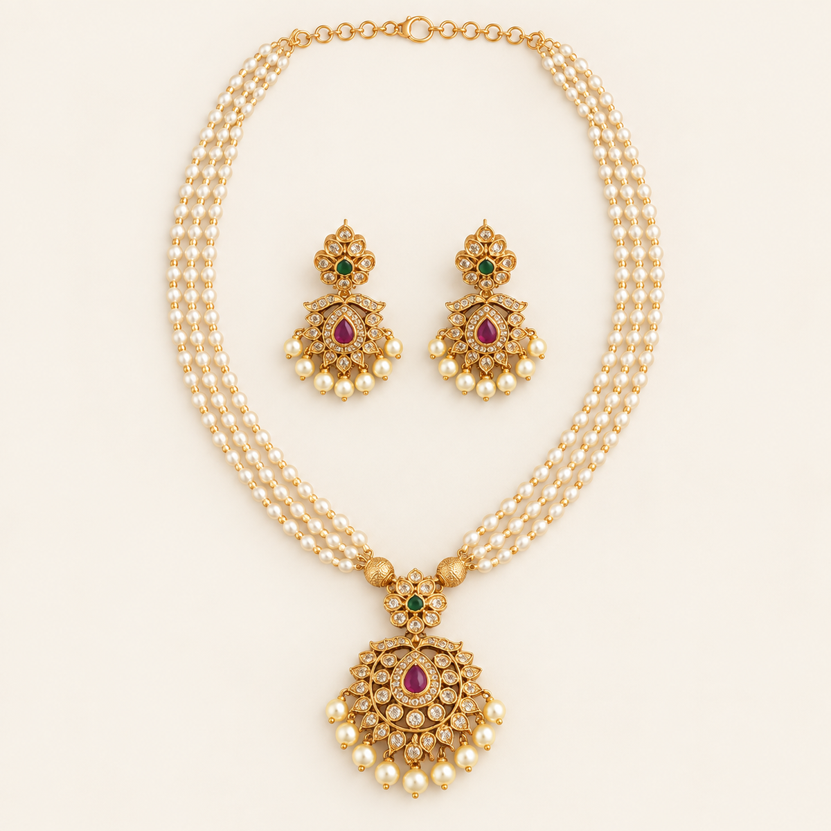 Stunning pearl antique gold stone pendant set