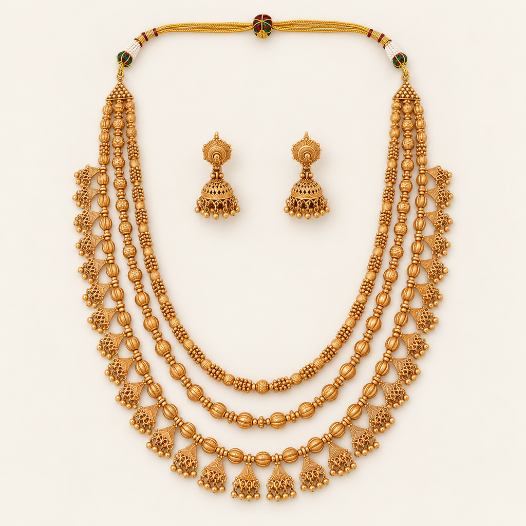 Long plain stunning gold mala necklace set