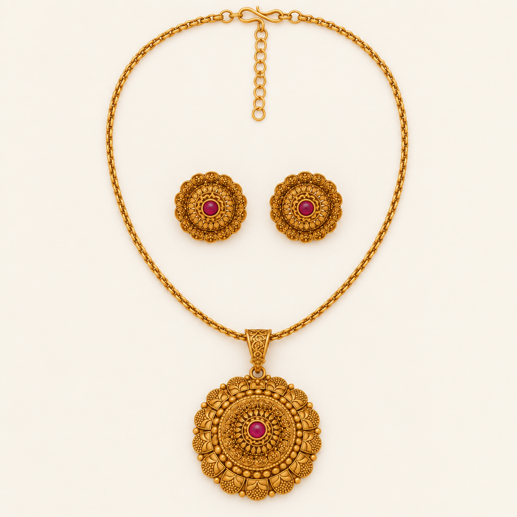 Gold Plated Floral Big Pendant Set