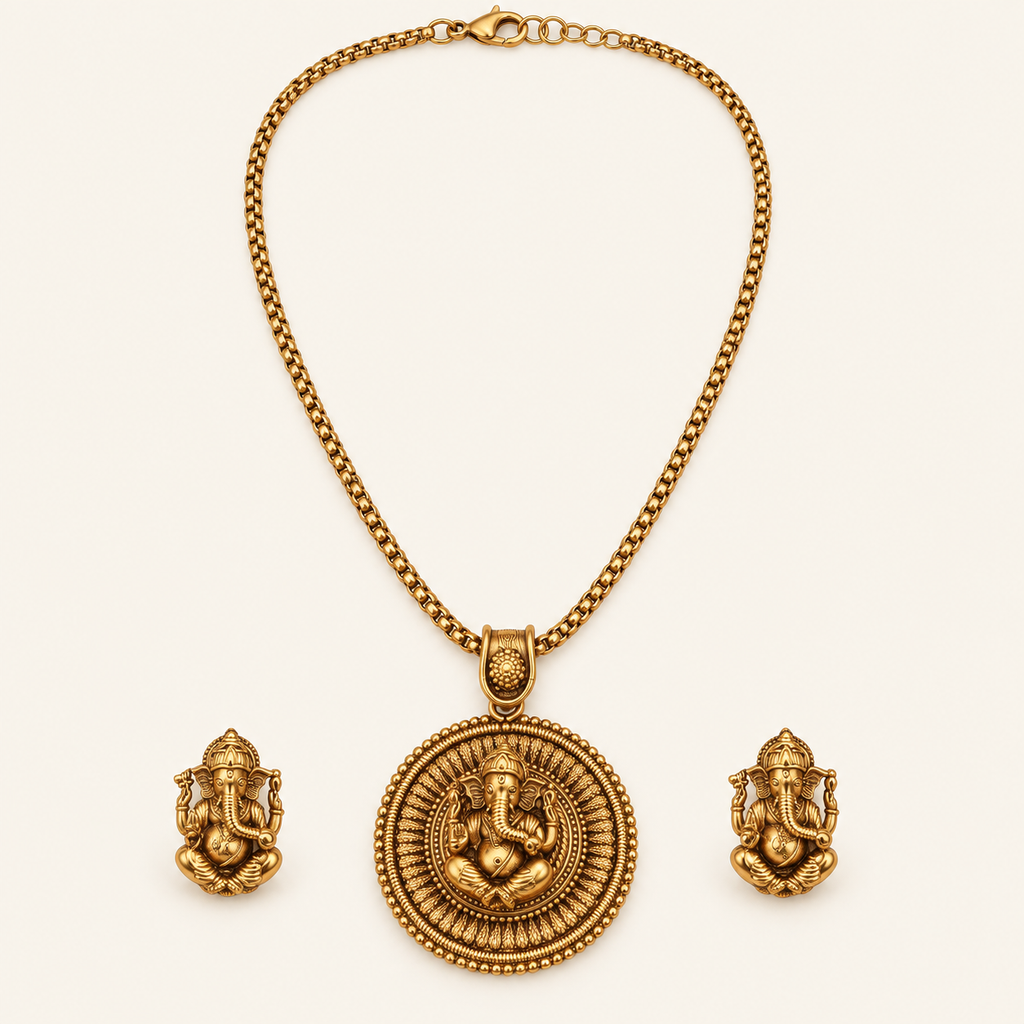 Beautiful gold plated ganesh pendant set with earring | Temple Jewellery