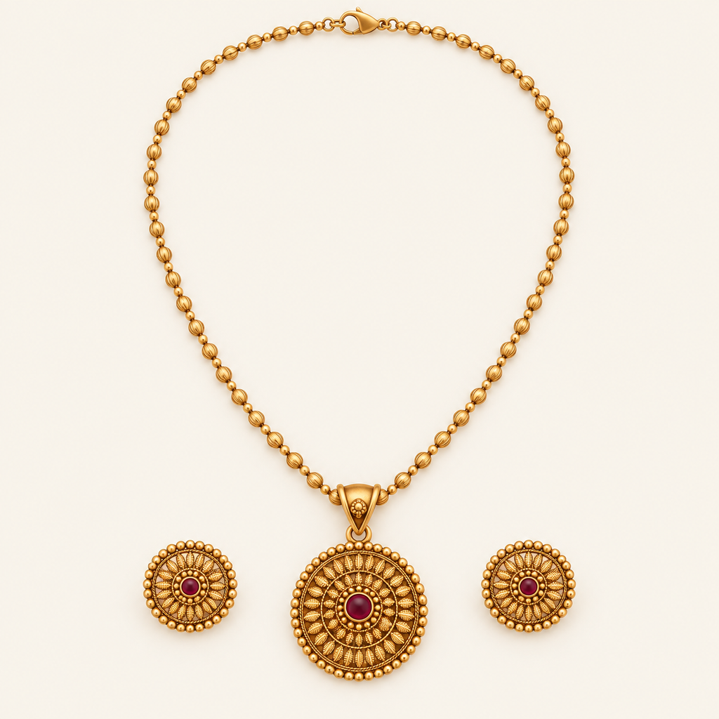 Cute gold finish floral ruby stone pendant set