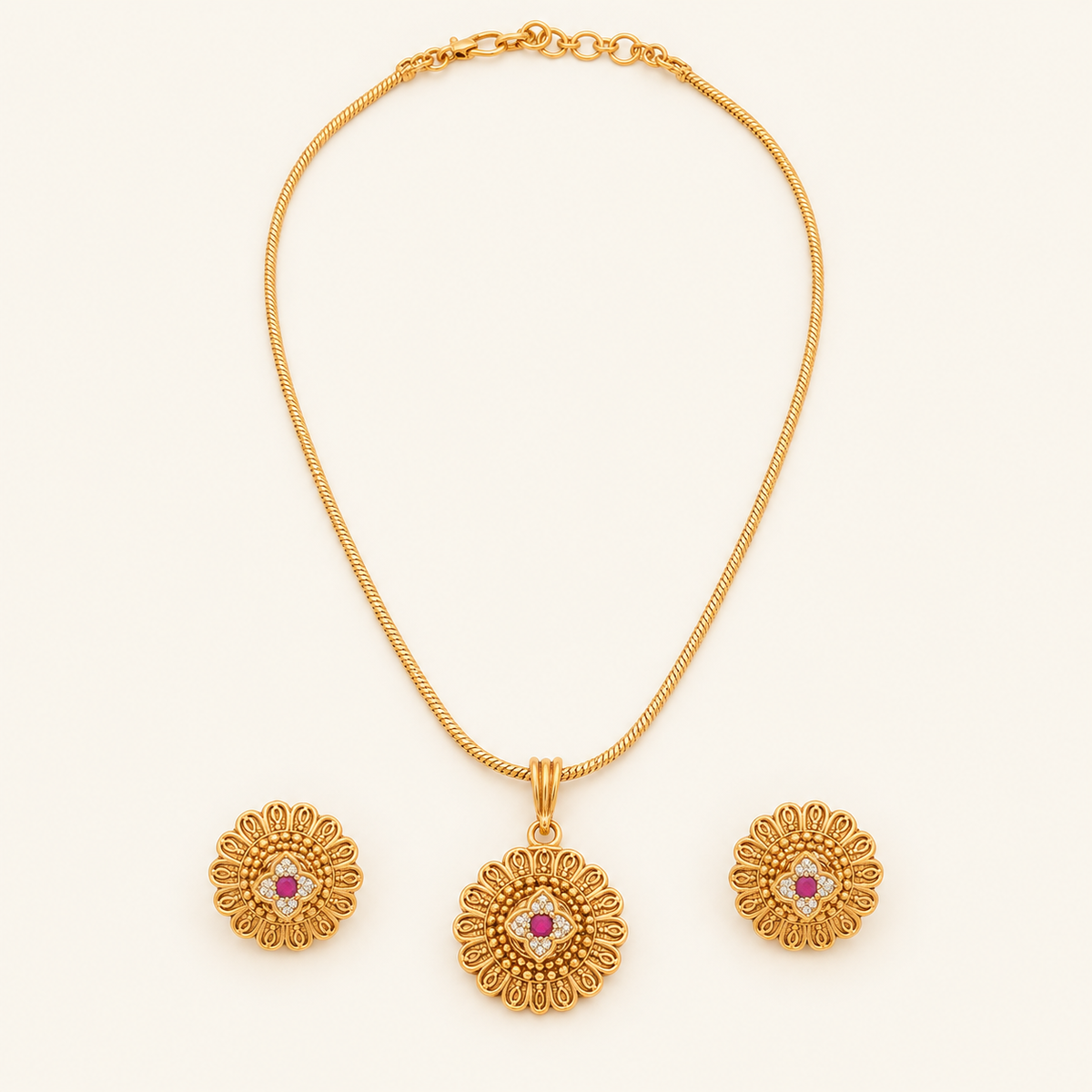 Antique Gold Floral Stone Pendant Set
