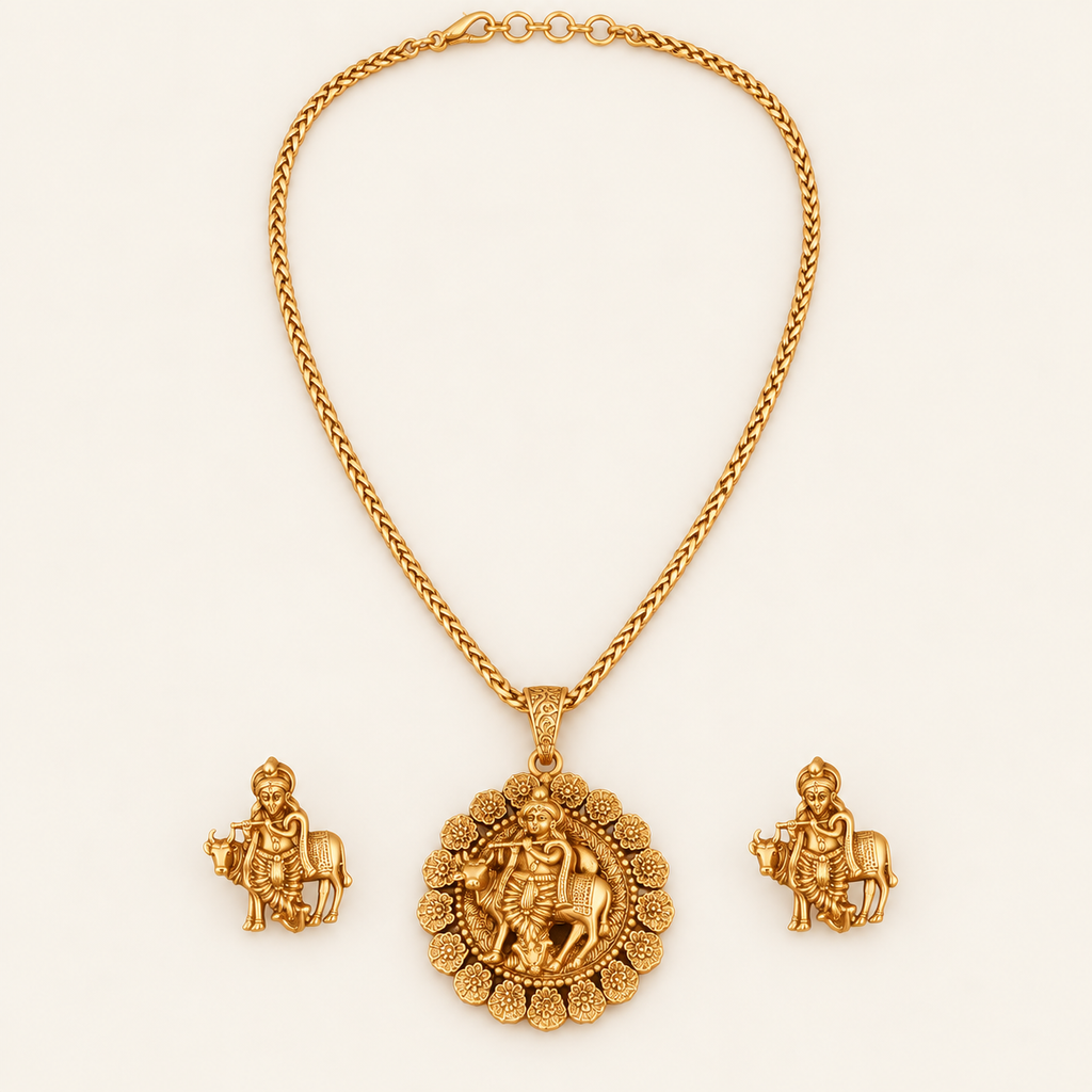 Antique Gold Plain Plated Krishna Pendant Set