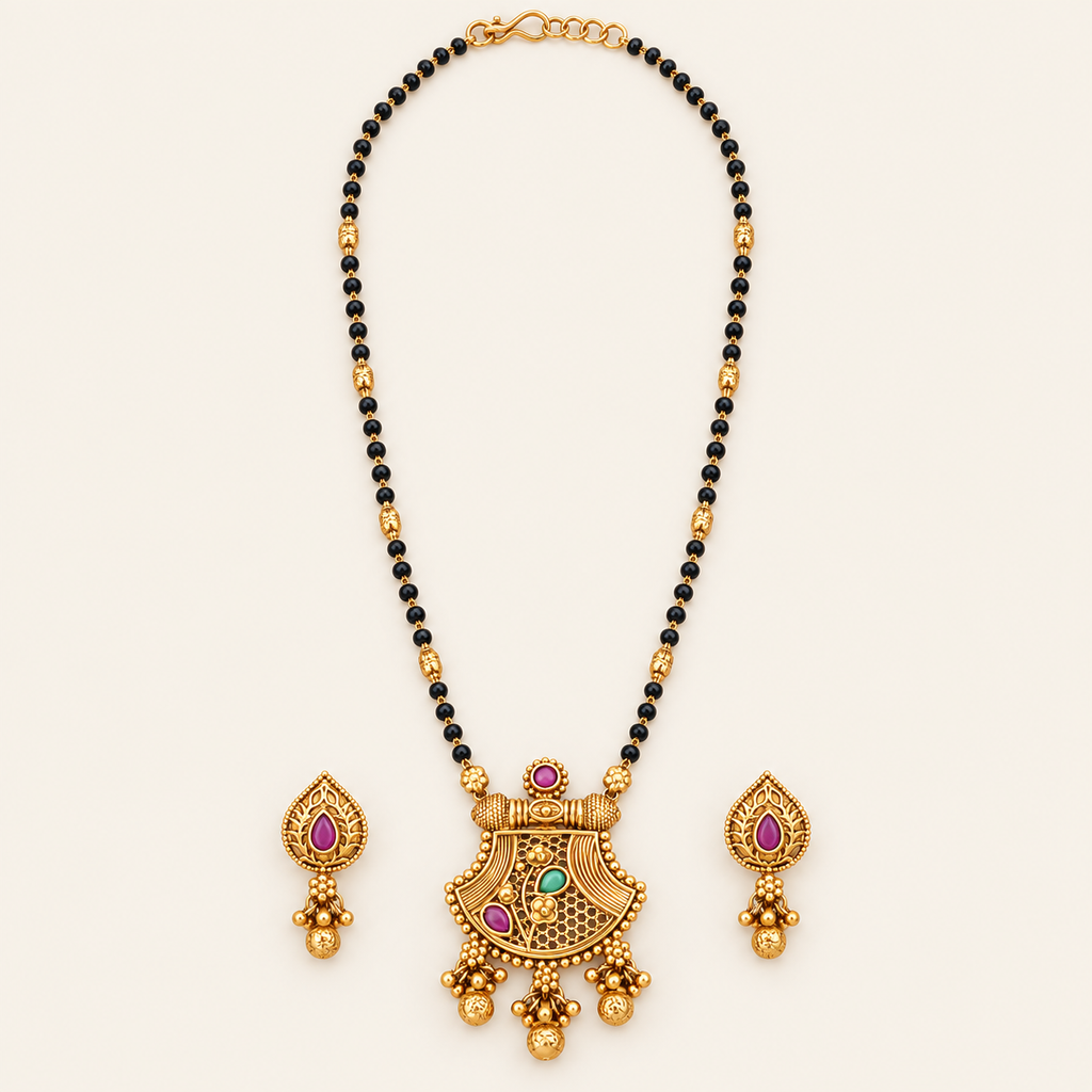 Antique Gold Long Stone Mangalsutra Set
