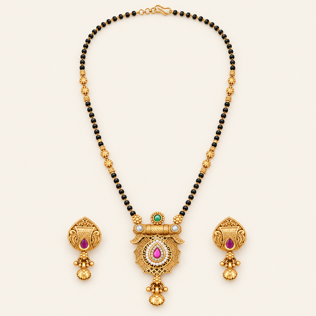 Stunning antique gold stone mangalsutra set with earring