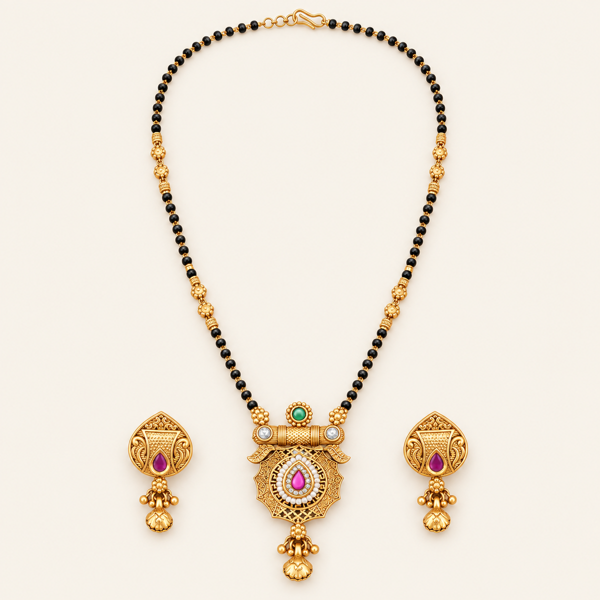 Stunning antique gold stone mangalsutra set with earring