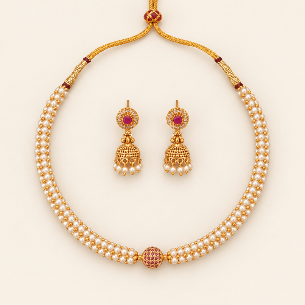 Cute elegant gold pearl necklace set