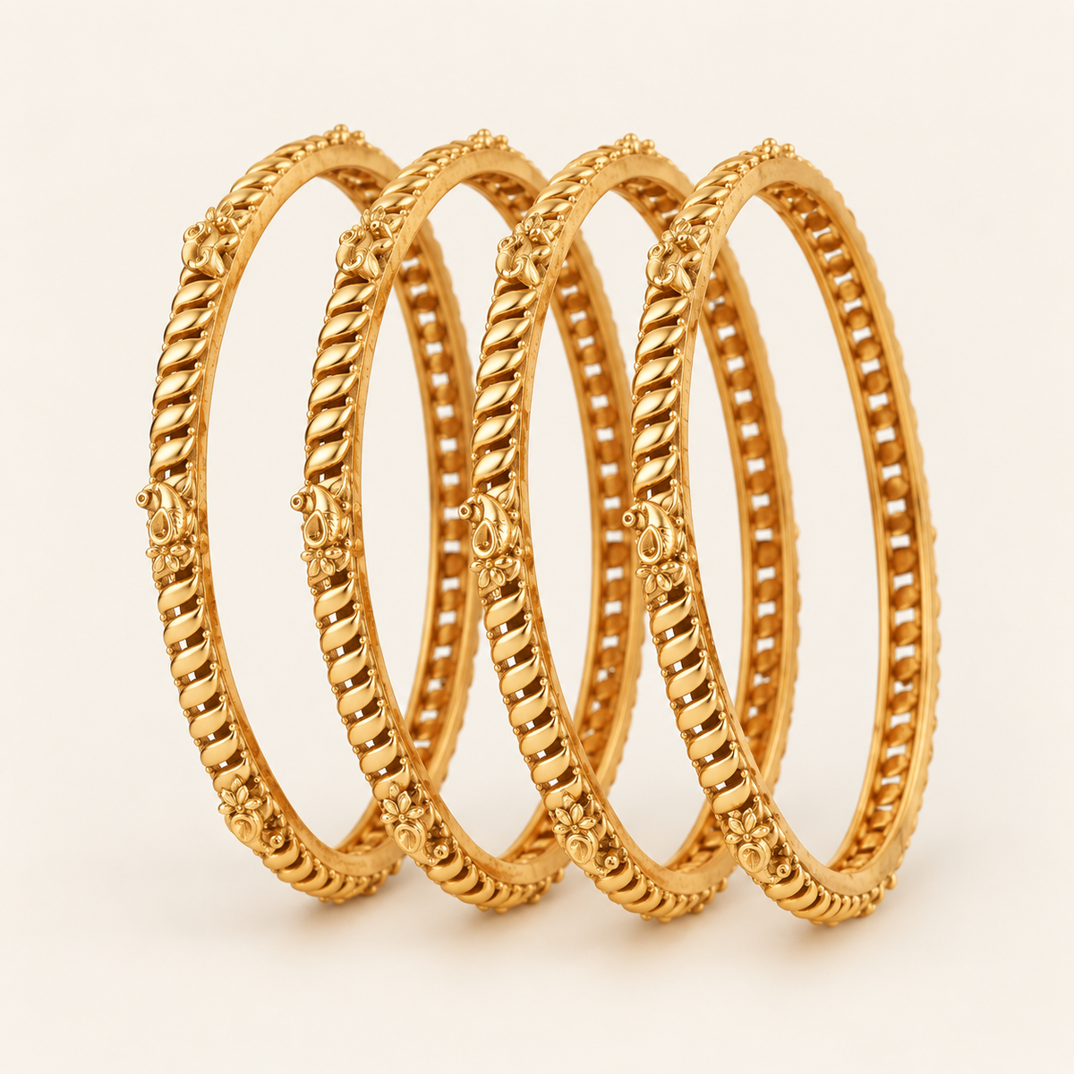 Gold Plated Plain Intricate Bangle Set (Set of 4)
