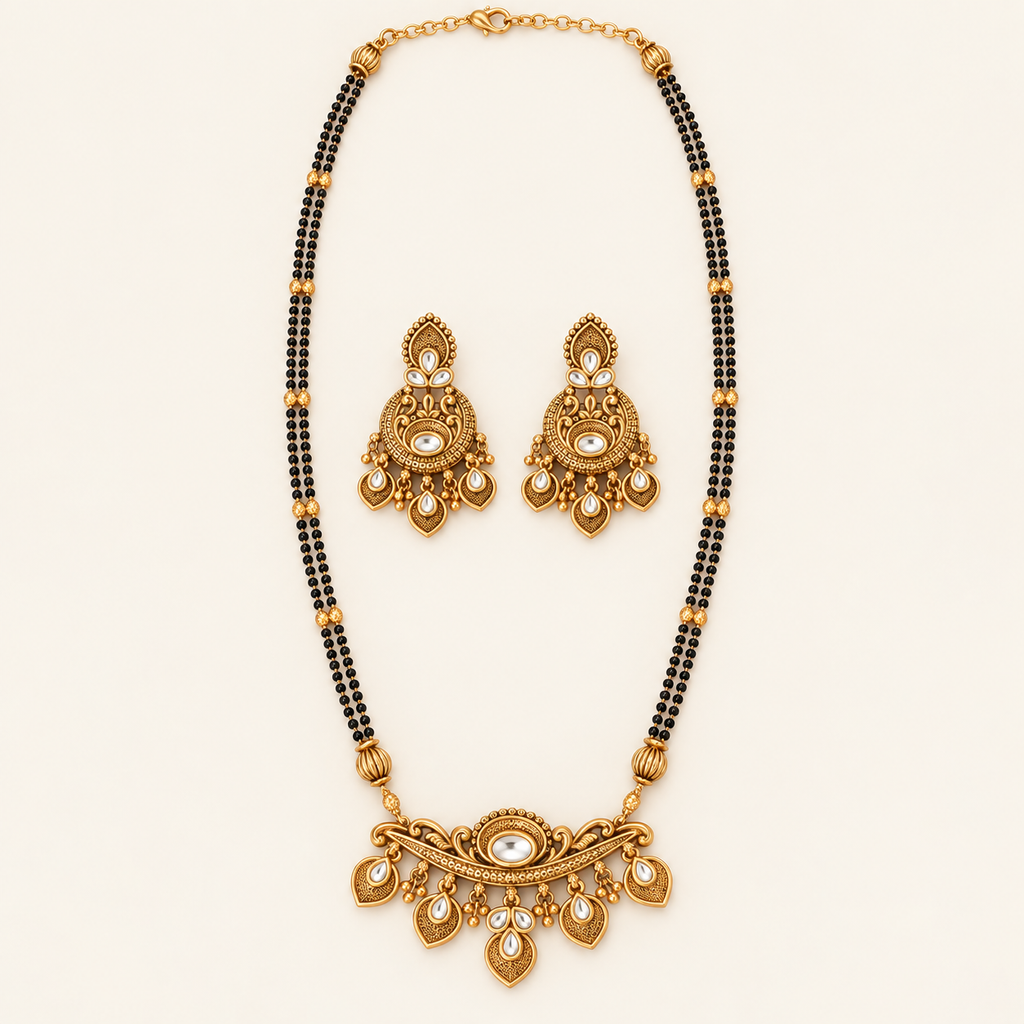 Antique Gold Long Kundan Mangalsutra Necklace Set