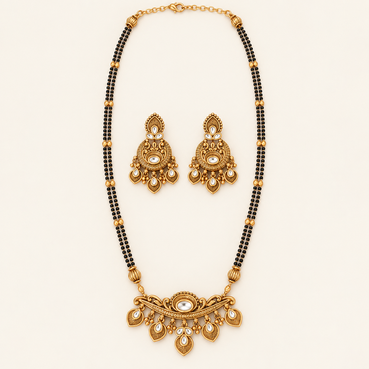 Antique Gold Long Kundan Mangalsutra Necklace Set