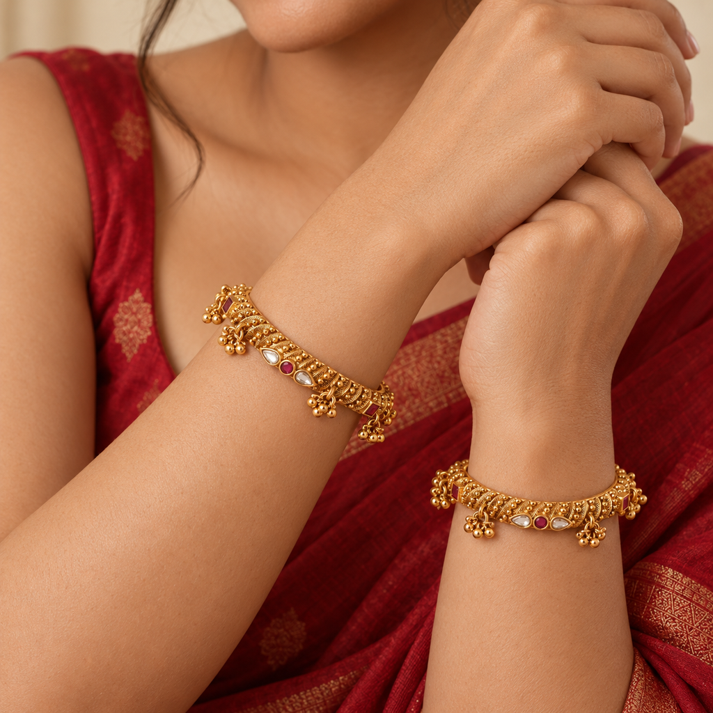 Gold Plated Stone Kundan Ghungroo Bangle Set