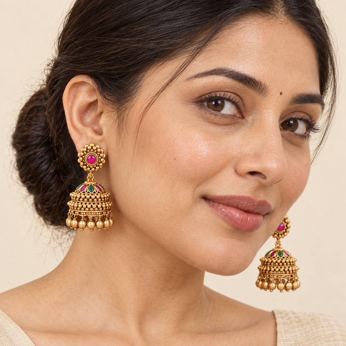 Antique Gold Stone Jhumka Earring
